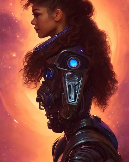 Image similar to zendaya has a fearful look in a space suit floating through the darkness of space, deep focus, D&D, fantasy, intricate, elegant, highly detailed, digital painting, artstation, concept art, matte, sharp focus, illustration, hearthstone, art by Artgerm and Greg Rutkowski and Alphonse Mucha