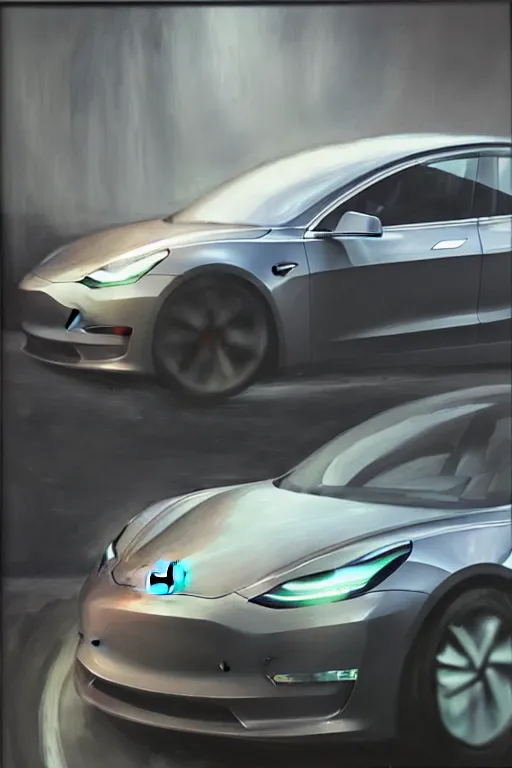 Image similar to tesla model 3 transforming into a transformer robot, oil on canvas