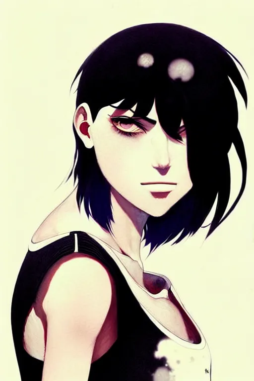 Image similar to a ultradetailed beautiful painting of a stylish woman with a white tank top, she has short black hair with bangs, by conrad roset, greg rutkowski and makoto shinkai trending on artstation