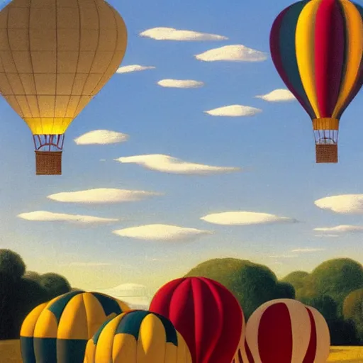 Image similar to an outdoor hot-air-balloon-museum-exhibit by Raphael, Hopper, and Rene Magritte. detailed, romantic, enchanting, trending on artstation.