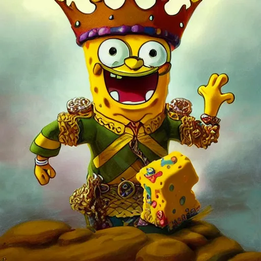 Prompt: spongebob as a king on a thrown wearing a crown, closeup portrait art by donato giancola and greg rutkowski, digital art, trending on artstation, symmetry!!