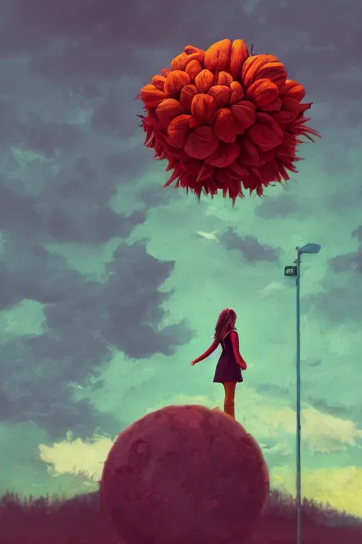 Image similar to portrait, giant flower head, a girl standing on pillar, surreal photography, wind and cold, dramatic sky, impressionist painting, digital painting, artstation, simon stalenhag