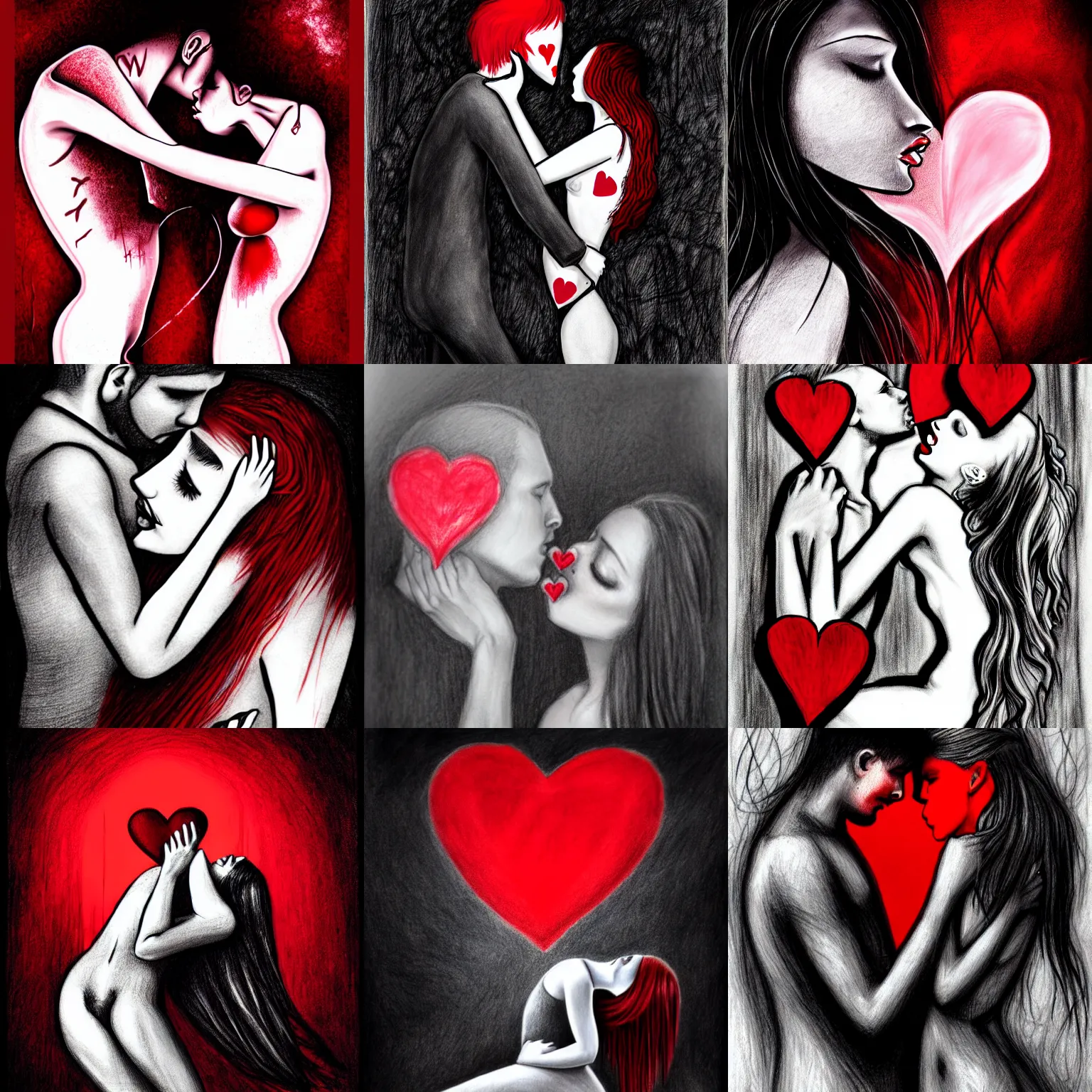 Prompt: french kissing, several hearts, passionate love, sadness, dark ambiance, concept by Godfrey Blow, featured on deviantart, drawing, sots art, lyco art, artwork, photoillustration, poster art, black and red