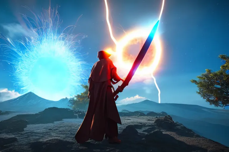 Prompt: levitating sorcerer wielding a sword, opening a shining portal, night sky, horizon of an erupting volcano, unreal engine