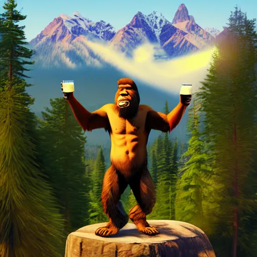 Image similar to Bigfoot at the top of a mountain, scenic view, holding a beer!!, digital art, gta 5 cover art, trending on artstation