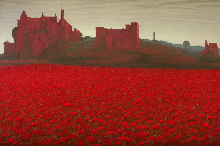 Image similar to only with red, a red expanse of flowers of different types, castle in background, goblin dance over the flowers, in the style of beksinski, parts by edward hopper, parts by rodcenko, parts by yue minjun, intricate and epic composition, red by caravaggio, insanely quality, highly detailed, masterpiece, red light, artstation, 4 k