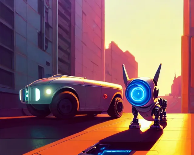 Image similar to a robot that vaguely resembles a dachshund, hyper - realistic, gta v cover art, celshading, sharp focus, intricate, detailed, rhads, andreas rocha, makoto shinkai, lois van baarle, ilya kuvshinov, greg rutkowski, dynamic lighting, grunge aesthetic, 4 k