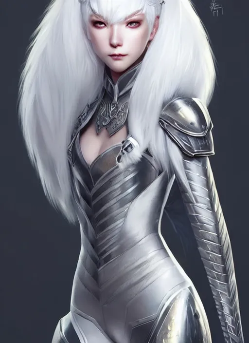 Image similar to fur - lined armor!!! beautiful and elegant white haired female!! gorgeous ayes!! character concept art, sharp focus, octane render! unreal engine 5! highly rendered!! trending on artstation!! detailed linework!! illustration by artgerm, wlop and chie yoshii