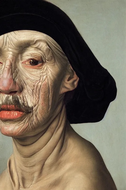 Image similar to hyperrealism extreme close-up portrait of medieval female with with leprosy, with mustache, pale skin, wearing cylinder hat, in style of Caravaggio