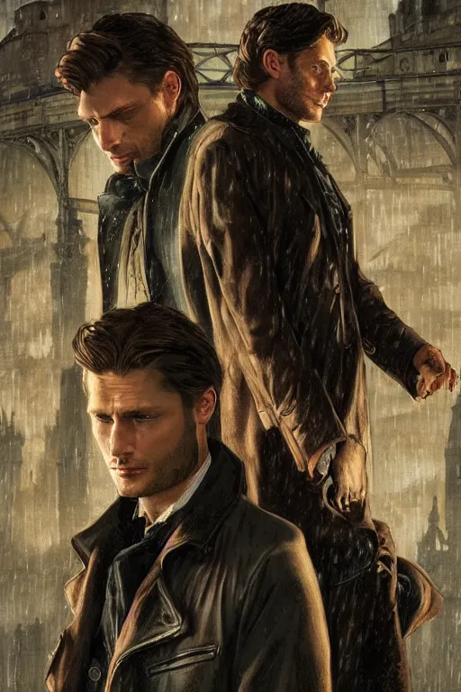 Prompt: a detailed matte portrait of sam and dean winchester in a supernatural sherlock holmes story, 1 8 th century london in the rain, city streets, ominous, masterpiece, 8 k, art by alphonse mucha and greg rutkowski