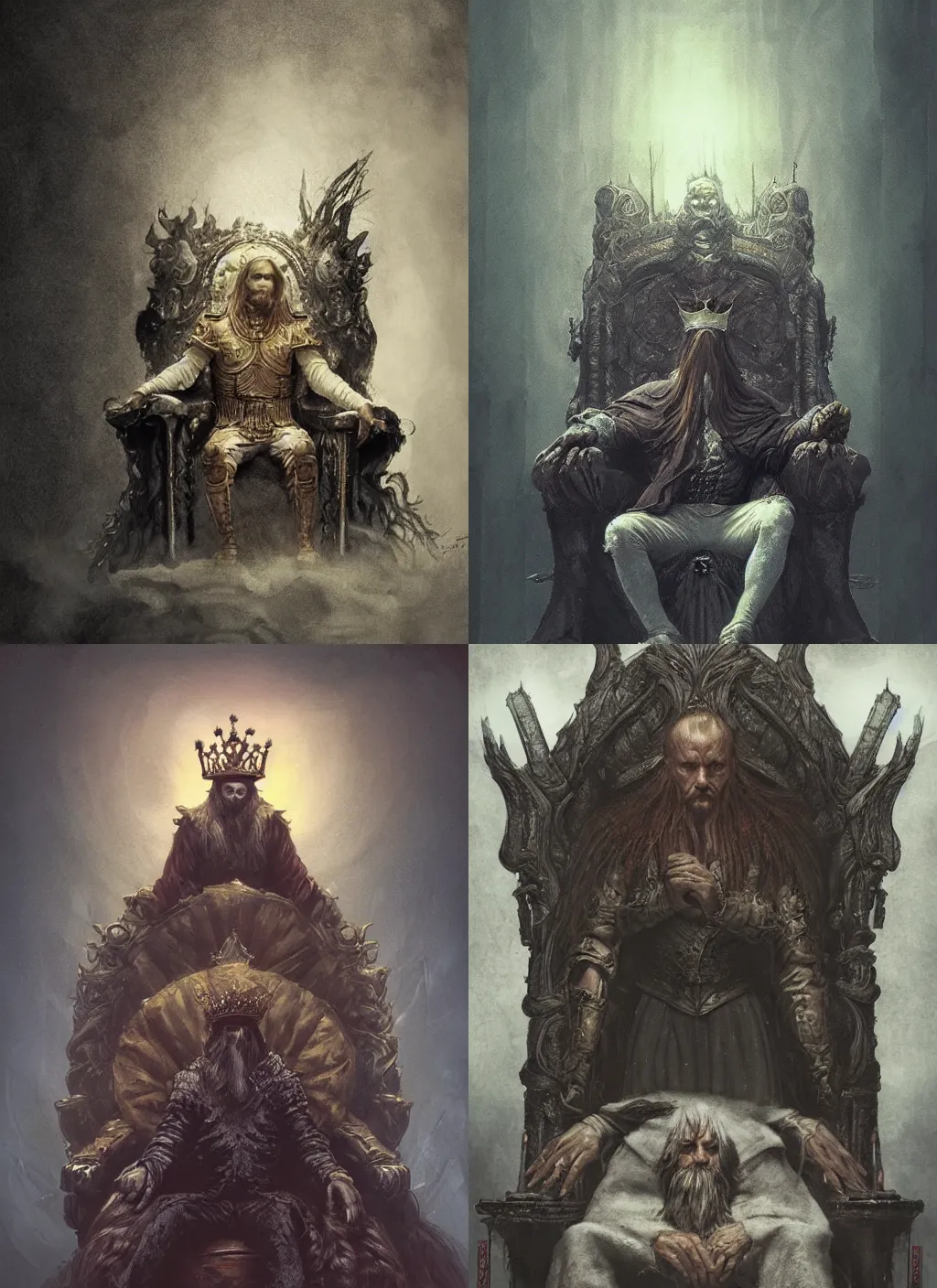 Prompt: portrait of a king sitting on his throne with long hairs in alan lee and marc simonetti and emil melmoth style , cinematic lighting