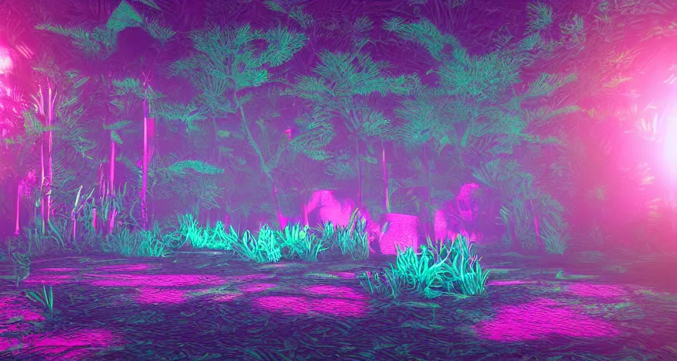 Prompt: 80s vaporwave outrun 3d Render of deep sea forest, liminal space retro, grainy, noisy