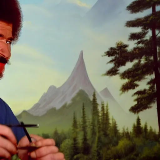 Image similar to a closeup photorealistic photograph of bob ross working on a canvas painting of darth vader. film still. brightly lit scene. mountains and trees. this 4 k hd image is trending on artstation, featured on behance, well - rendered, extra crisp, features intricate detail, epic composition and the style of unreal engine.