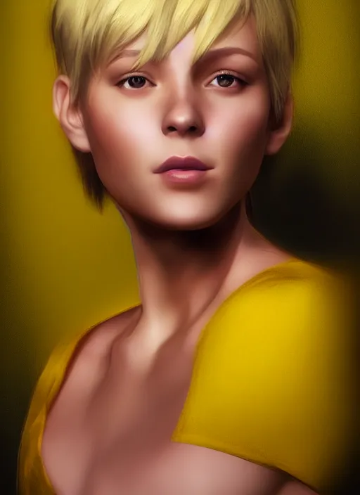 Image similar to portrait, young lady, yellow short hair, realistic, computer painting, volumetric lighting, detailed