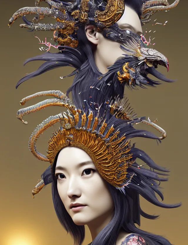 Image similar to 3 d goddess close - up profile portrait with crown, ram skull. beautiful intricately detailed japanese crow kitsune mask and clasical japanese kimono. betta fish, jellyfish phoenix, bio luminescent, plasma, ice, water, wind, creature, artwork by tooth wu and wlop and beeple and greg rutkowski