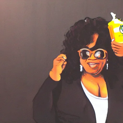 Image similar to security cam footage of oprah winfrey doing a kickflip while eating a huge hotdog by stuart brown and greg rutowski artstation