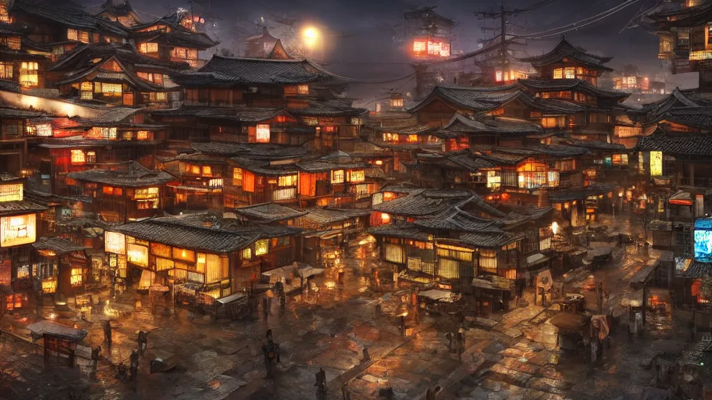 Image similar to small, quaint, cosy oriental ancient japanese village in cyberpunk style, fantastical epic, hyperrealistic, highly detailed, 4 k hd