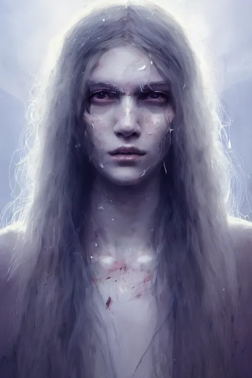 Image similar to a fancy portrait of a beautiful young teenage ripped girl with long white hair by greg rutkowski, sung choi, mitchell mohrhauser, maciej kuciara, johnson ting, maxim verehin, peter konig, bloodborne, 8 k photorealistic, cinematic lighting, hd, high details, dramatic, dark atmosphere, trending on artstation