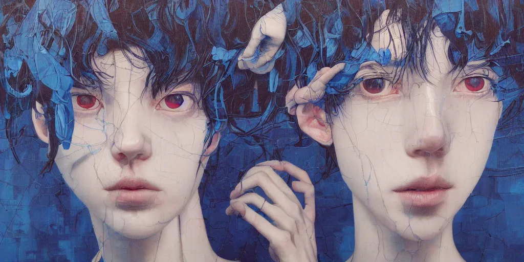 Image similar to monumental portrait soft light by james jean and satoshi kon and erik jones, inspired by evangelion, smooth feature, intricate oil painting, high detail illustration, sharp high detail, klein blue 1 9 9 9