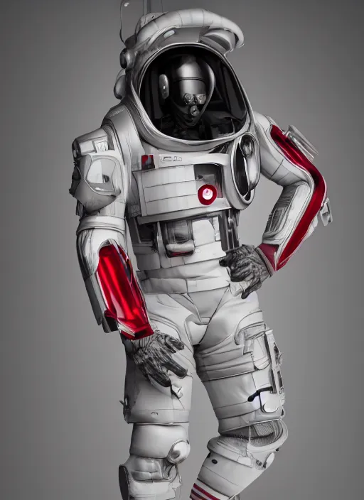 Image similar to a Photorealistic dramatic hyperrealistic render of a futuristic exospacesuit,Ultra realistic details,glossy white with red stripes by Vitaly Bulgarov and Mike Nash,Beautiful dramatic dark moody tones and lighting,cinematic atmosphere,studio lighting,shadows,dark background, Octane render,8K