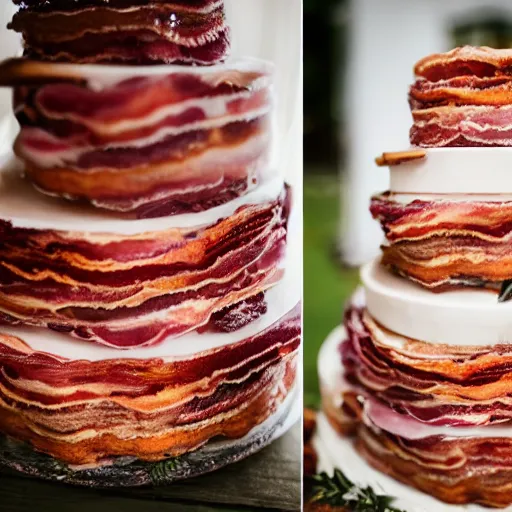 Image similar to a wedding cake made of bacon, hd professional food photography