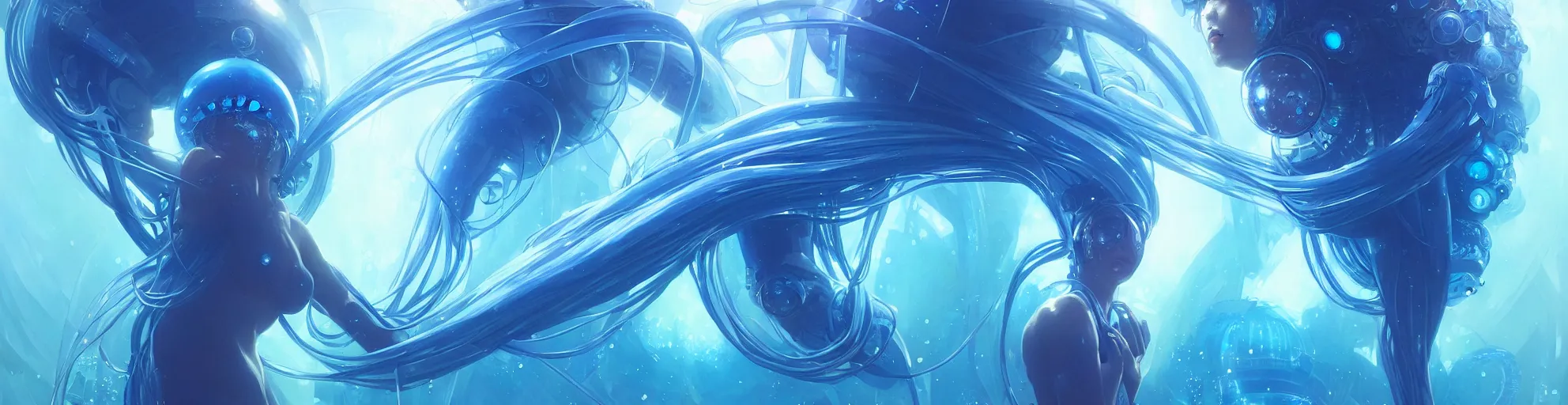 Image similar to cyberpunk jellyfish, blue tones, underwater, 360, highly detailed, digital painting, artstation, concept art, smooth, sharp focus, illustration, art by artgerm and greg rutkowski and alphonse mucha