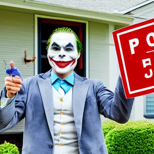 Prompt: “ photograph of the joker purchasing a house ”