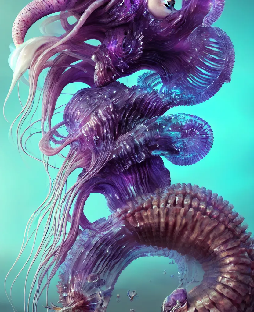 Prompt: goddess close-up portrait ram skull. jellyfish phoenix head, nautilus, orchid, skull, betta fish, bioluminiscent creatures, intricate artwork by Tooth Wu and wlop and beeple. octane render, trending on artstation, greg rutkowski very coherent symmetrical artwork. cinematic, hyper realism, high detail, octane render, 8k