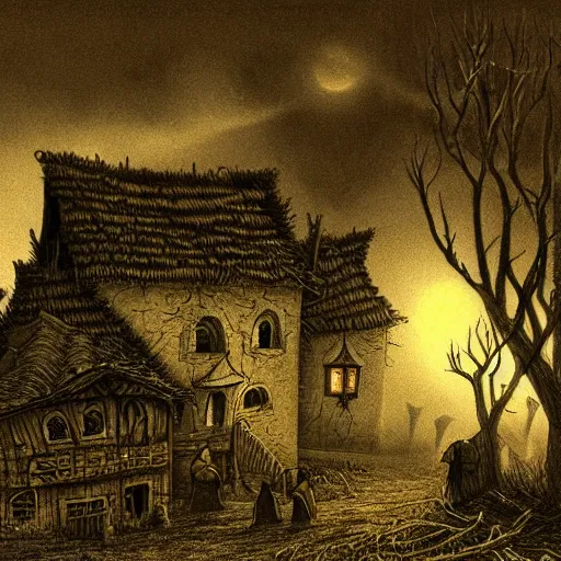 Prompt: Drawing of a creepy Transylvania village during an eerie night, by Keith Thompson, horror, old village, Transylvania, night