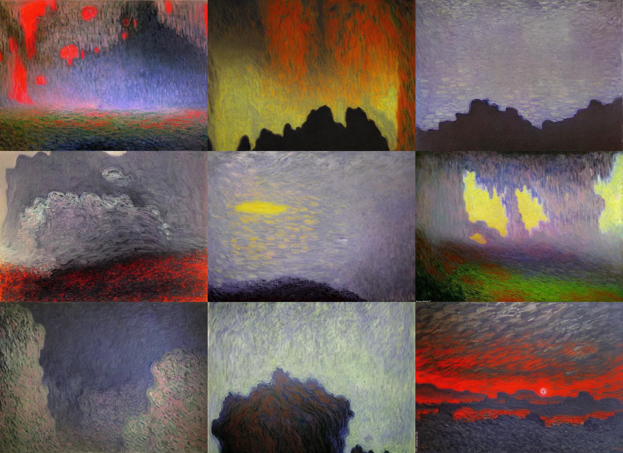 Prompt: eerie minecraft lava in a dark cave. impressionist painting, claude monet, pale pastel colours, dreamy hazy