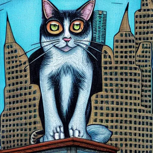 Image similar to a cat on a rooftop in a city by tim burton