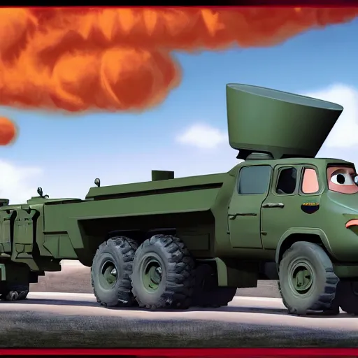 Image similar to HIMARS with missile, Pixar, Cars cartoon, detailed