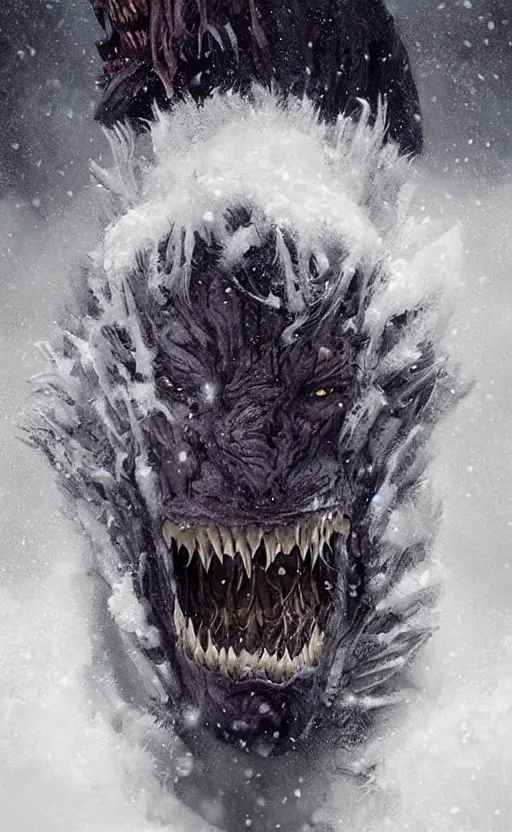 Prompt: portrait of a frozen monster creature, in a snowy field, teeth, fantasy, highly detailed, cinematic lighting, digital art painting by greg rutkowski