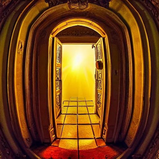 Prompt: a portal to new universe inside of an ornate door frame, wide angle, golden light, rainbows, vortex, 1 6 : 9,