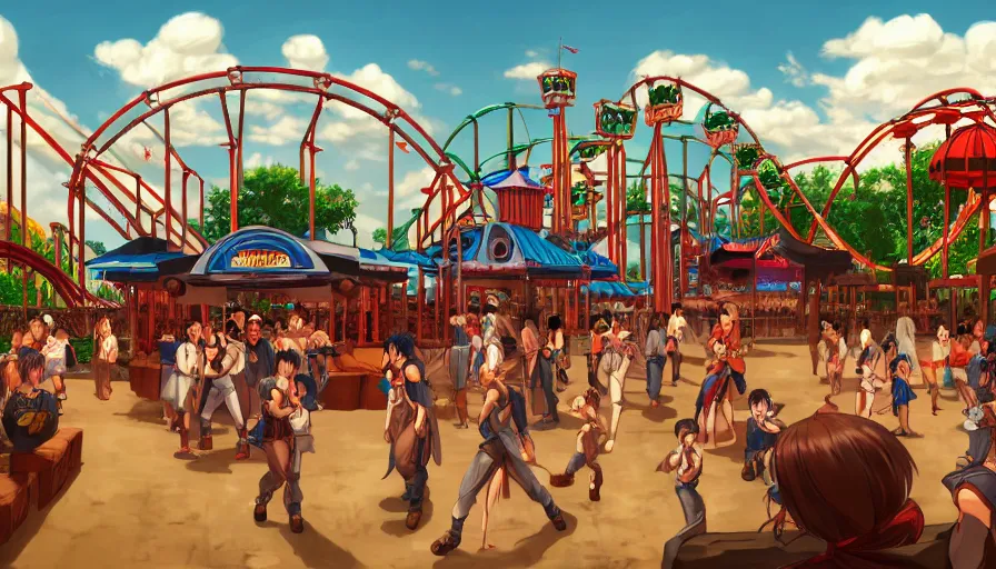 Prompt: concept art from a amusement park on a old civilization as a scenario background of kof snk 2 0 0 0 by jama jurabaev, cel shaded, cinematic shot, trending on artstation, high quality, brush stroke, amusement park on a old civilization