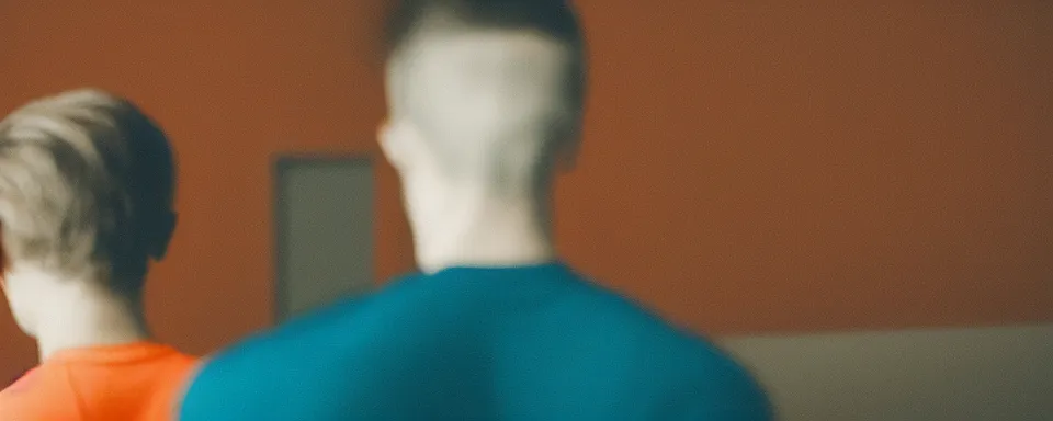 Image similar to conversation between 2 people, over the shoulder shot, shallow depth of field, anamorphic lens, teal and orange colour grading, photorealistic, hd, cinematic