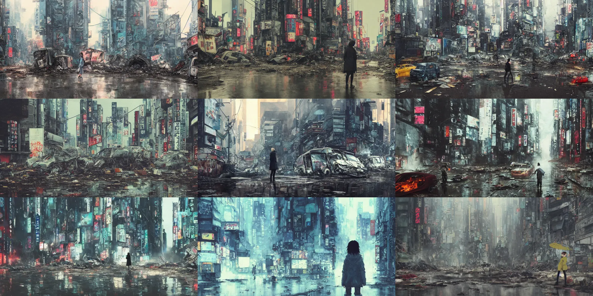 Prompt: incredible wide screenshot, ultrawide, simple water color, paper texture, katsuhiro otomo ghost in the shell movie scene, backlit shot girl in parka, wet dark road, parasol in deserted junk pile shinjuku, broke machines, bold graffiti, destruction, reflection puddles, fog!, destroyed robots, bus on fire!!!!!!!