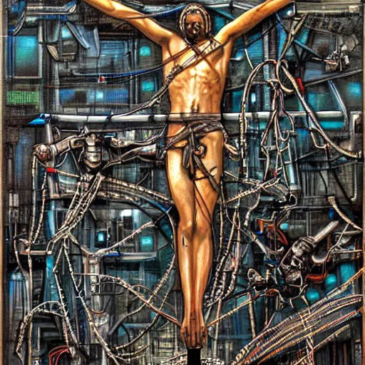 Image similar to a man crucified on a cybernetic sci - fi cross, full of computer elements and cables, symbolic, intricate, hyperdetailed, religious, painting, cyberpunk