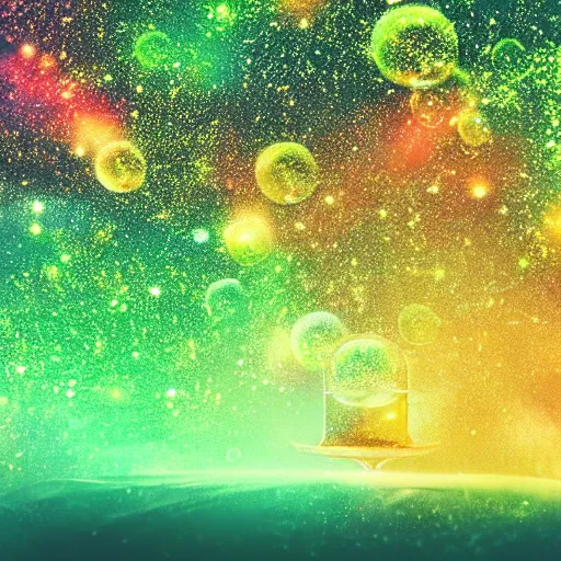 Prompt: a hand holding a bunch of glass bubbles in a cosmos space full of stars and vibrant clouds, volumetric light, green and yellow colors, digital art, artstation