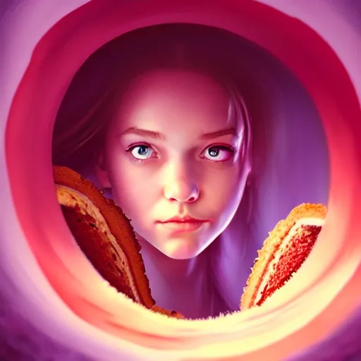 Prompt: portrait of a girl looking through the hole in a bundt cake, digital art, cinematic, concept art, 8k, painting, imaginefx, cgsociety, trending on artstation