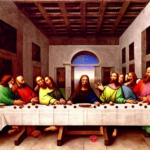 Image similar to in The Last Supper by Leonardo da Vinci, Jesus is eating a large delicious hamburger that has a beef patty, lettuce, and tomato