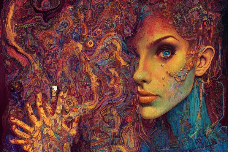 Image similar to Portrait of beautiful woman, surrounded by neural vivid realm, dark babylonian surrealism, painted part by francis bacon, part by jeffrey smith, part by josan gonzales, part by dan mumford, part by norman rockwell, part by gustave moreau, artstation, 4K, highly detailed,