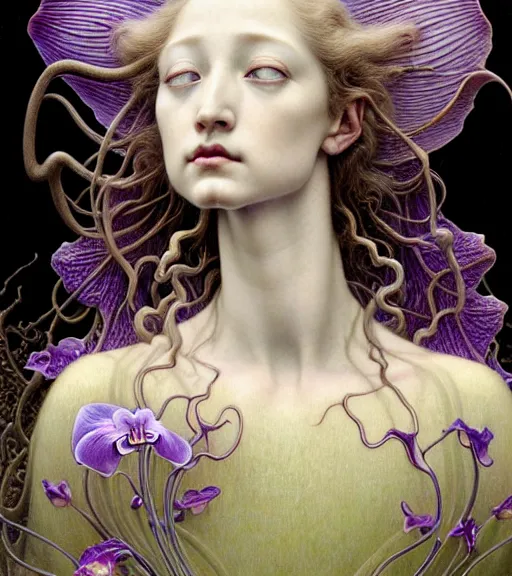 Image similar to beautiful young orchid fairy detailed realistic porcelain face portrait by jean delville, charlie bowater, iris van herpen and marco mazzoni, art forms of nature by ernst haeckel, art nouveau, symbolist, visionary, gothic, neo - gothic, pre - raphaelite, fractal lace, intricate alien botanical biodiversity, surreality, hyperdetailed ultrasharp octane render