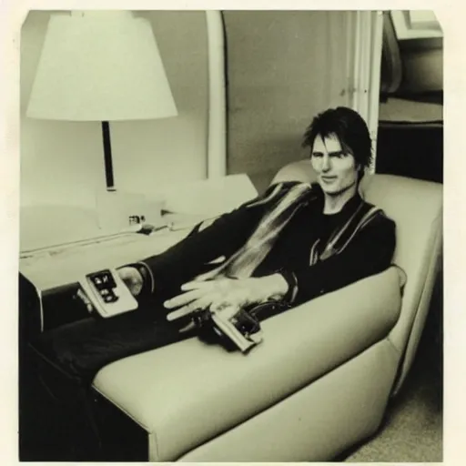 Prompt: Polaroid of Tom Cruise sitting in recliner with remote control 1983