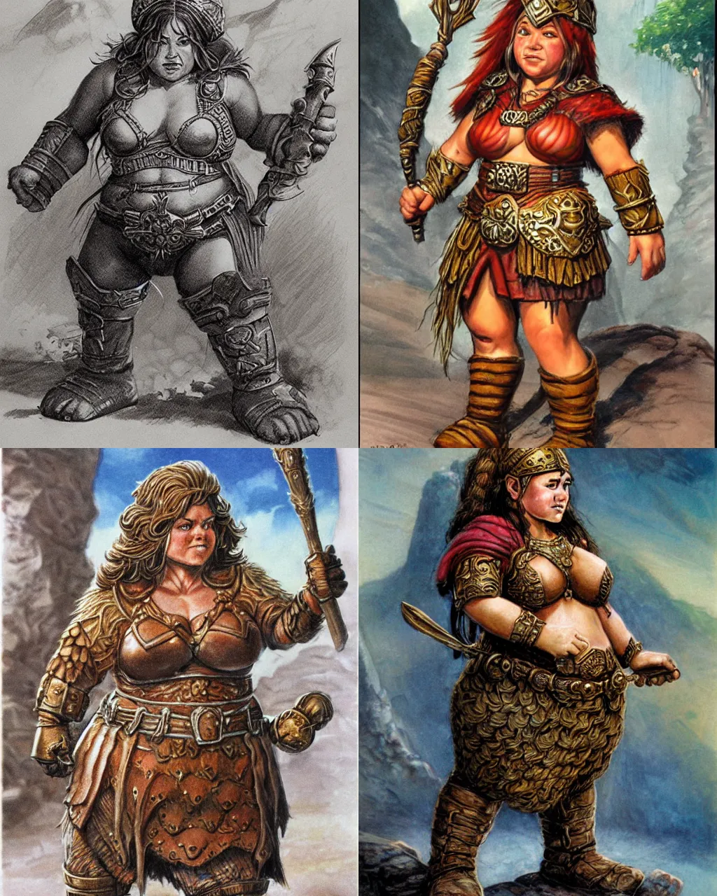 Prompt: female dwarven commoner, chubby short stature, elaborate hair, by jeff easley