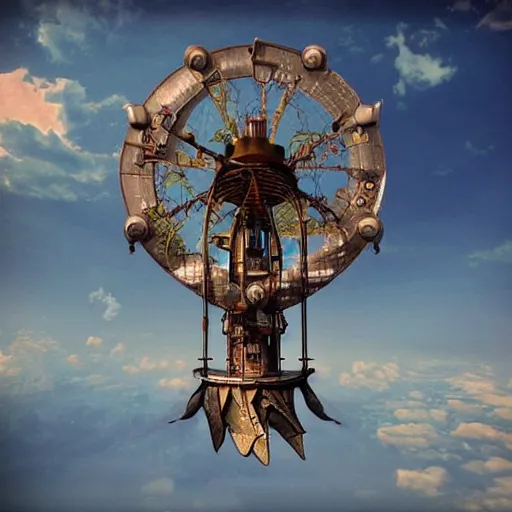 Image similar to flying city in a steel flower, sky, steampunk!!!, fantasy art, steampunk, masterpiece, octane