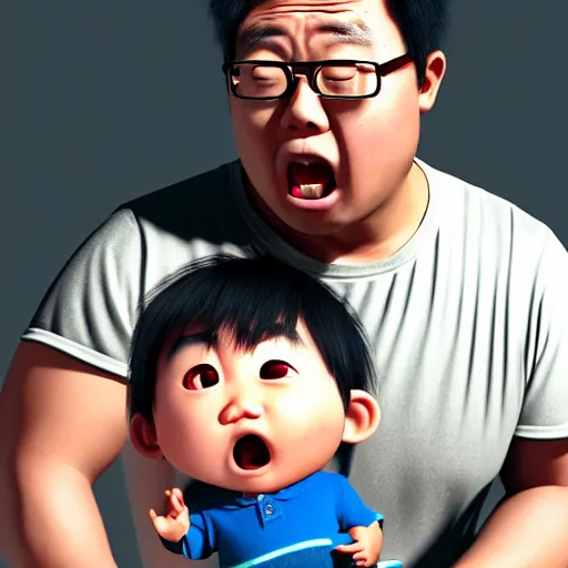 Prompt: shocked asian man cannot believe his eyes that he is holding a dark skinned chubby baby, award winning art, pixar, 3 d render, confusion, unreal engine