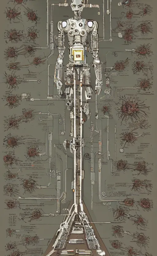 Image similar to anatomy of the terminator, robot, cyborg, t100, bloodborne diagrams, mystical, intricate ornamental tower floral flourishes, rule of thirds, technology meets fantasy, map, infographic, concept art, art station, style of wes anderson