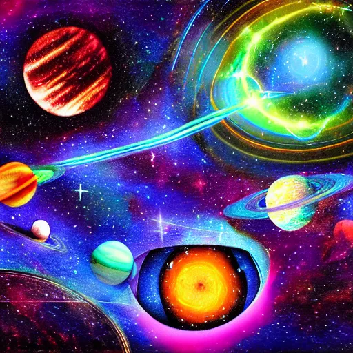 Image similar to A digital painting of a space scene, with stars, planets, and galaxies, in a surreal and psychedelic style.