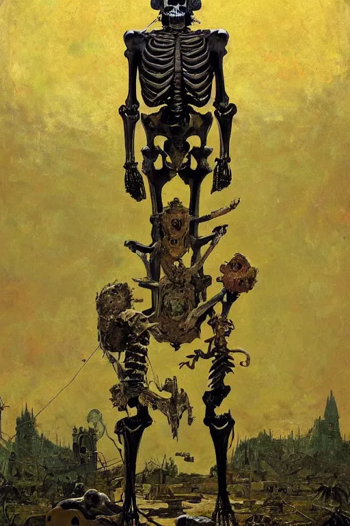 Image similar to a huge skeleton in full plate armor, channeling third eye energy, surrounded by a background of dark cyber mystic garden of earthly delights, midnight hour, painted part by wojciech siudmak, part by ilya repin, part by norman rockwell, part by hype williams, artstation